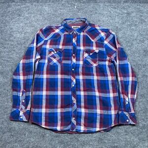 BKE Vintage Mens XL Athletic Fit Plaid Western Pearl Snap Long Sleeve Shirt Blue